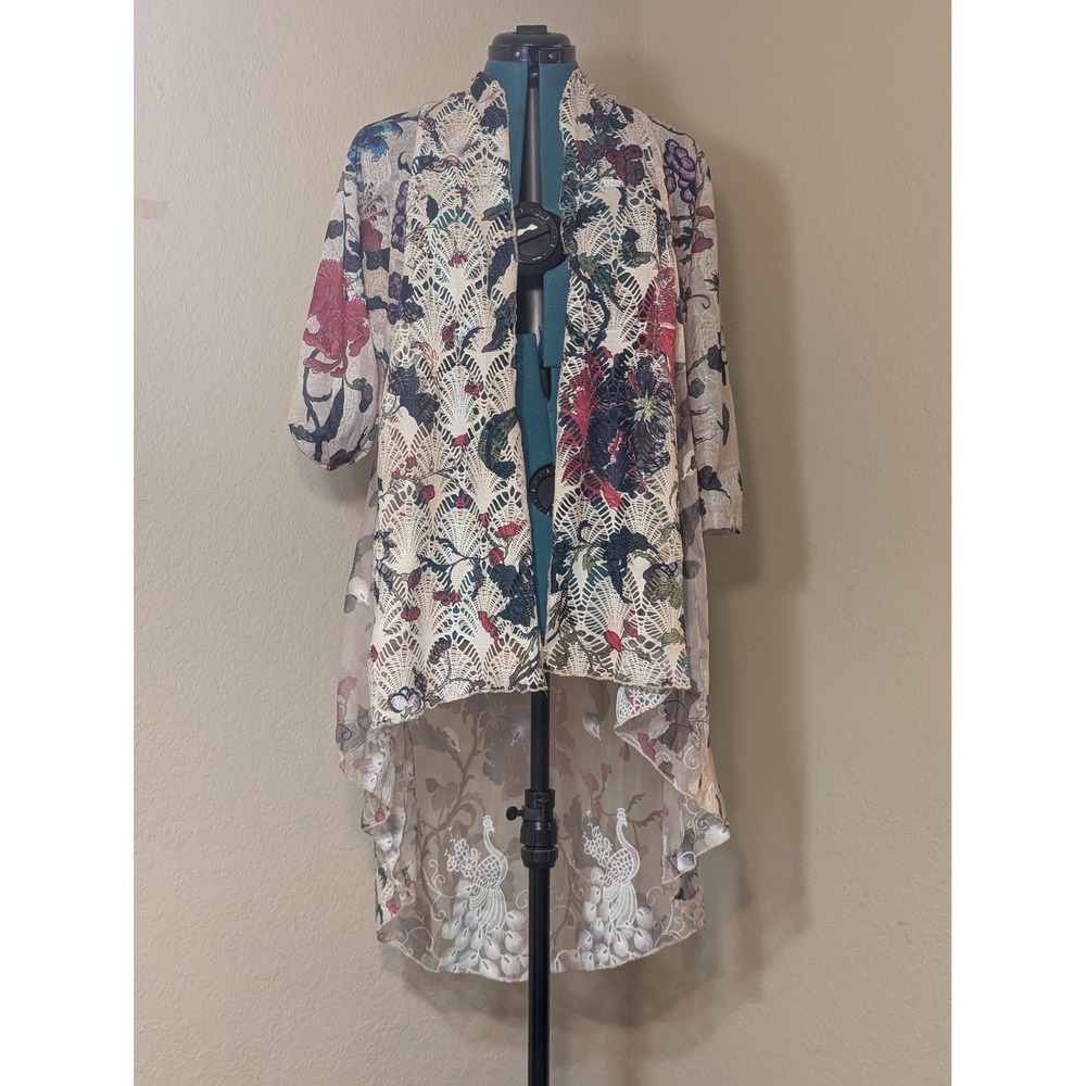 Aris.A Floral Peacock Lace High Low Kimono Cardigan‎ Cream Red Blue Large